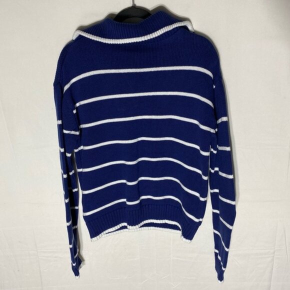 United Colors Of Benetton Navy White Striped Cotton 1/2 Zip Turtleneck Sweater M - Picture 2 of 15